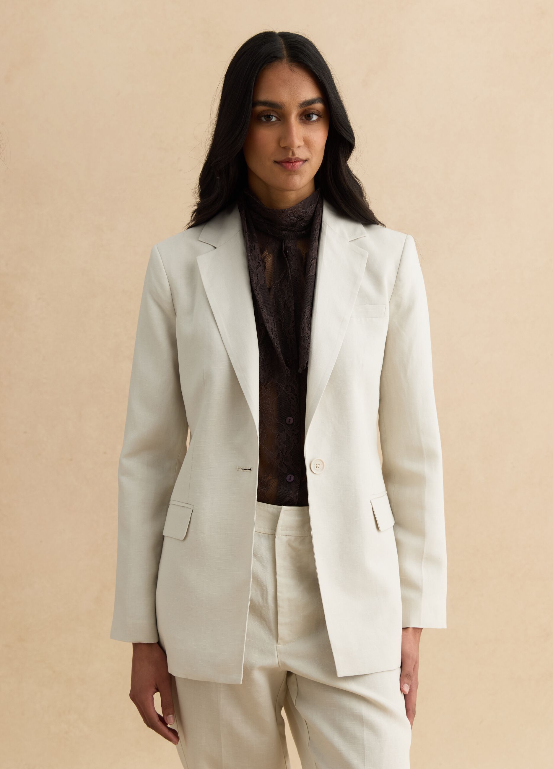 Blazer in misto lyocell e lino beige regular fit con bottoni