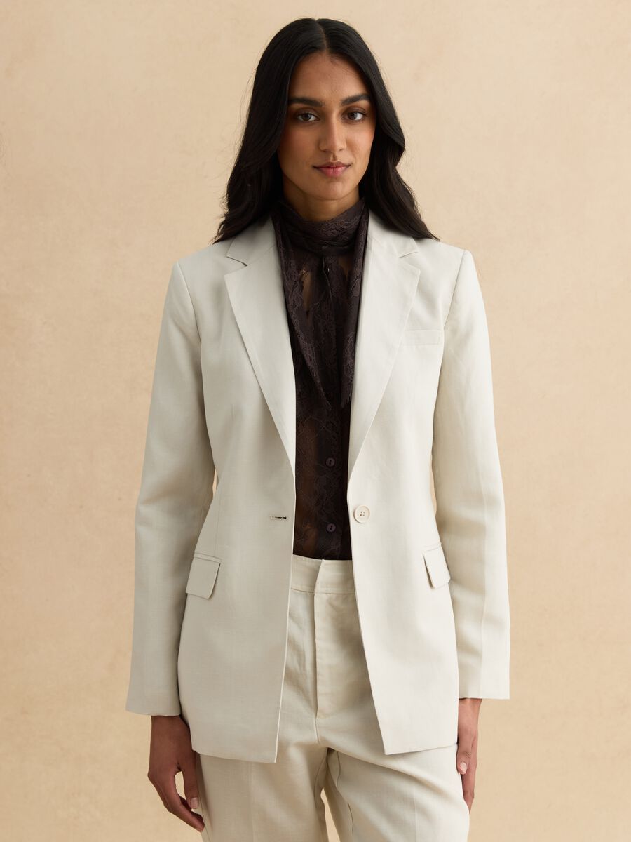 Blazer in misto lyocell e lino beige regular fit con bottoni_0