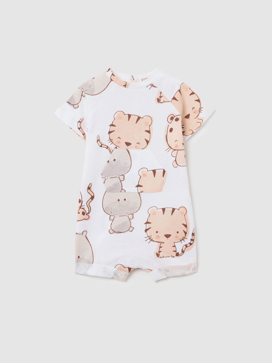 White organic cotton romper suit with savannah animals print_0