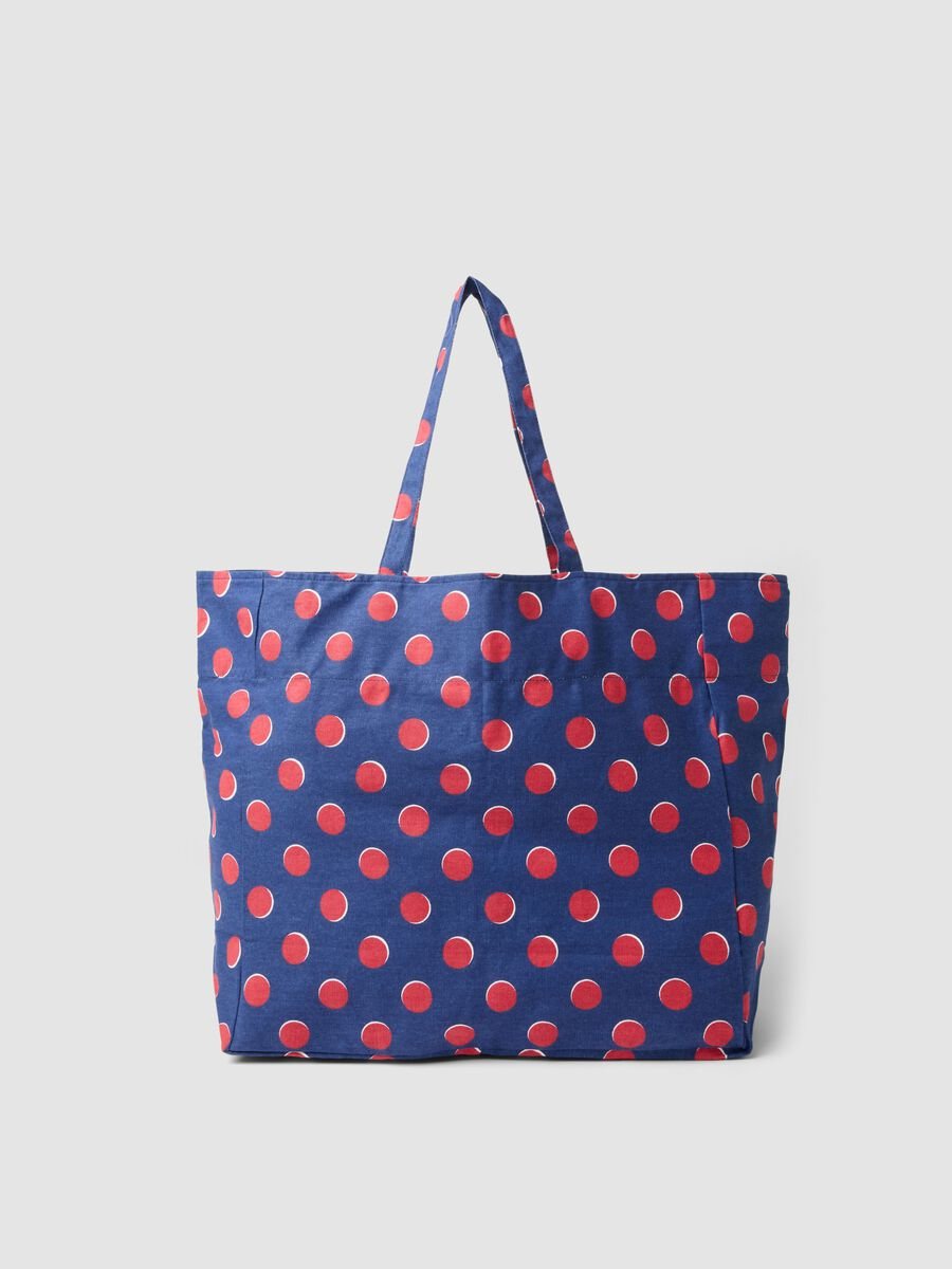 Blue pure cotton beach bag with red polka dots_0