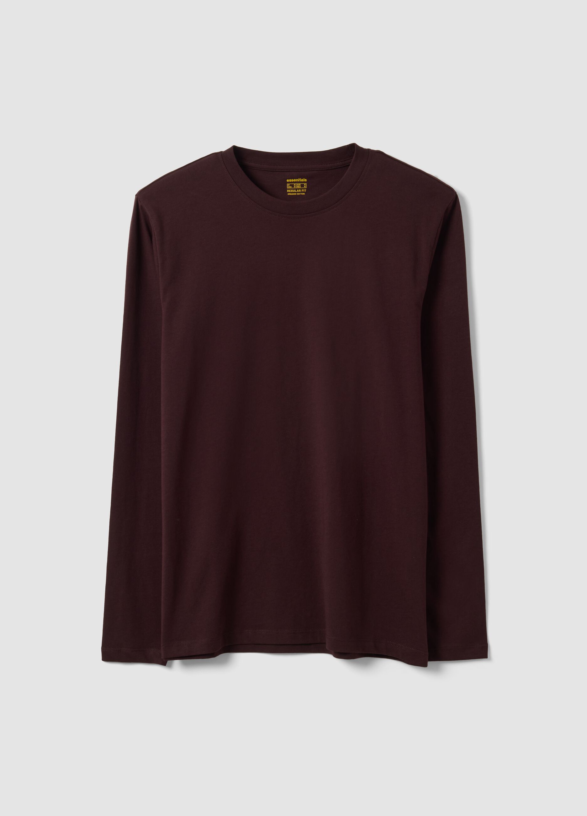 Brown long-sleeved pure organic cotton crew-neck T-shirt