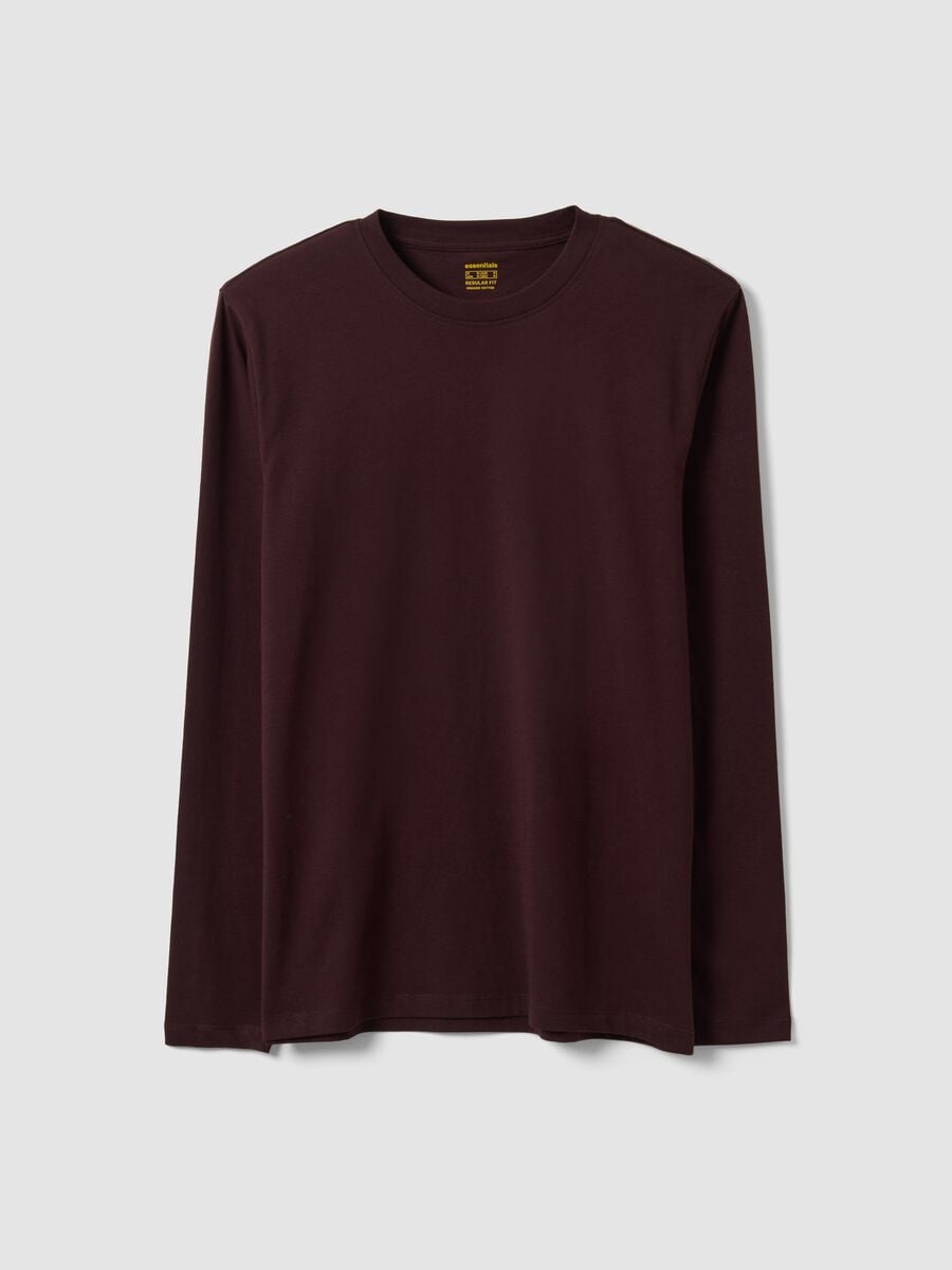 T-shirt marrone a maniche lunghe in puro cotone organico con girocollo_0
