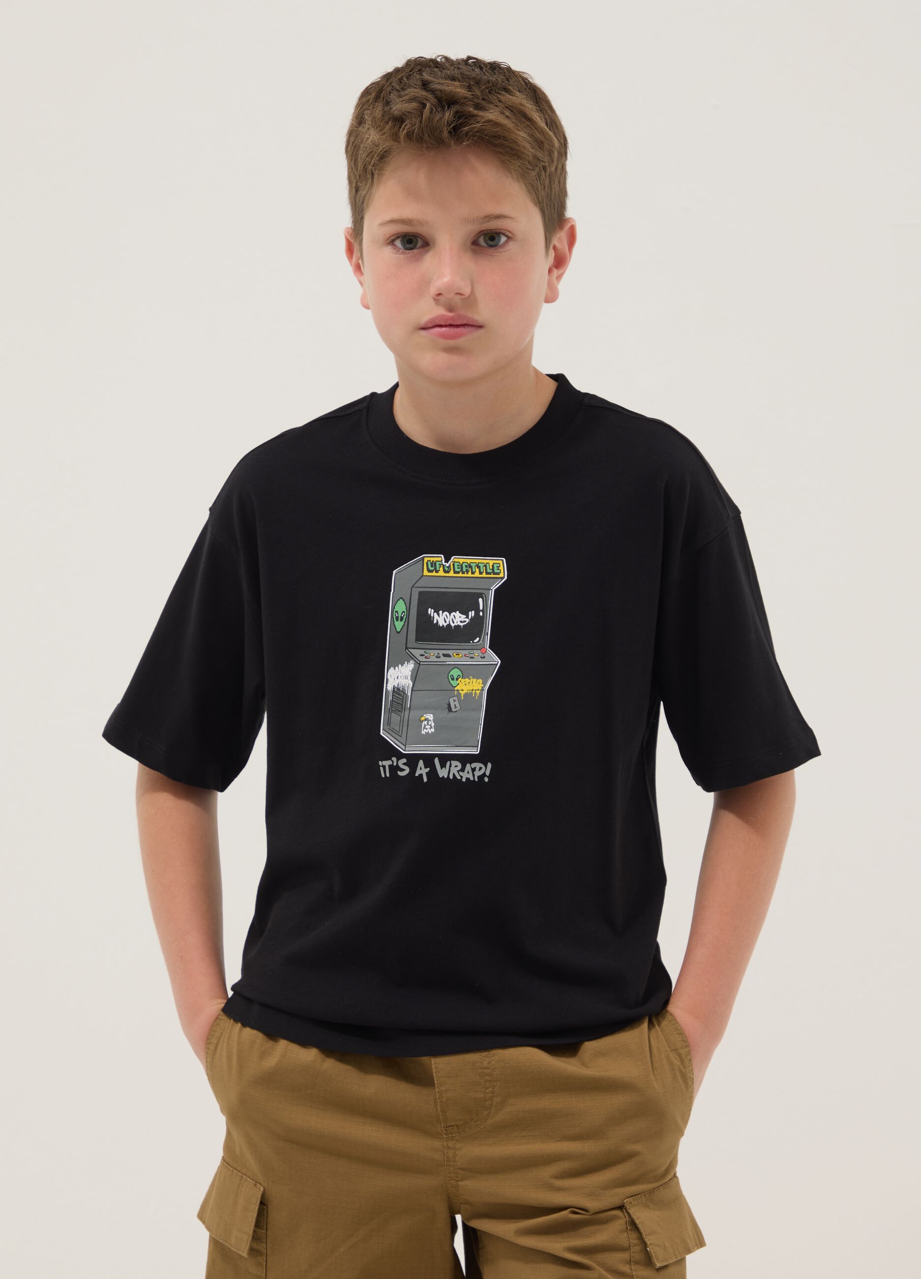 Boys&rsquo; black pure cotton oversized T-shirt with print
