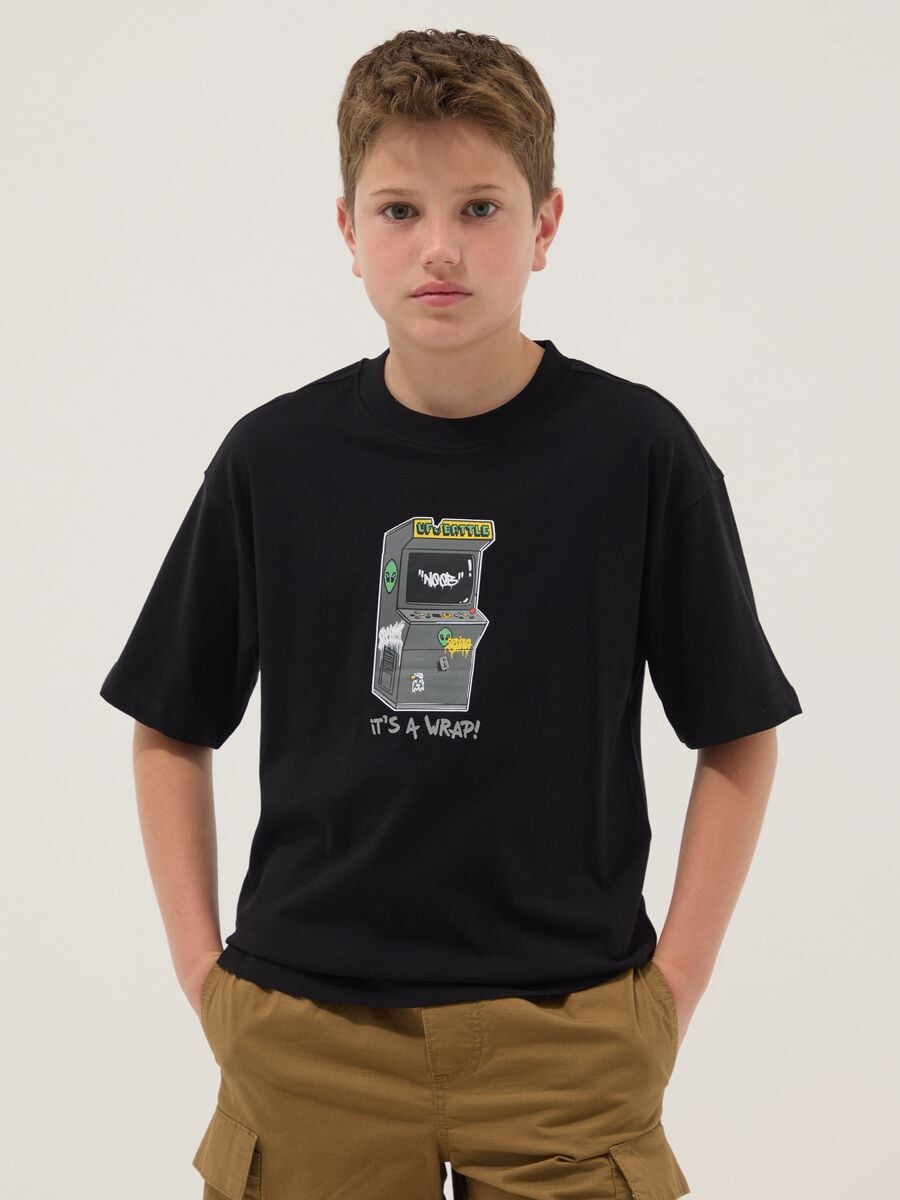 Boys&rsquo; black pure cotton oversized T-shirt with print_0