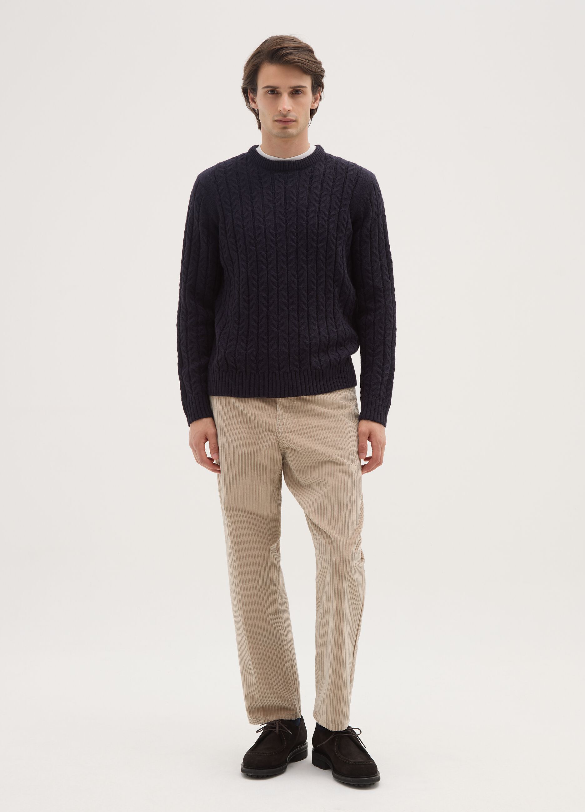 Beige ribbed cotton blend trousers in regular fit