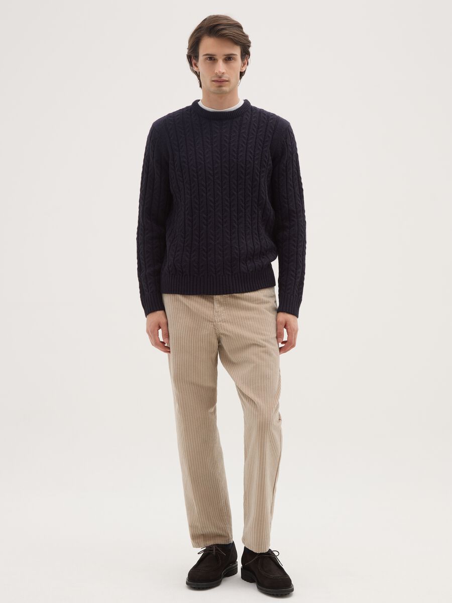 Beige ribbed cotton blend trousers in regular fit_0