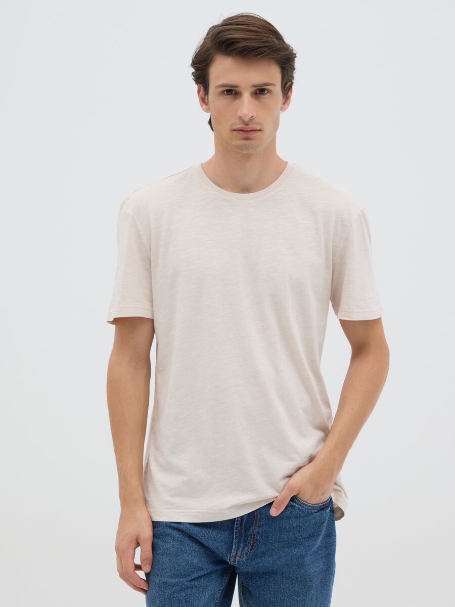 Men's beige pure cotton regular fit T-shirt_1