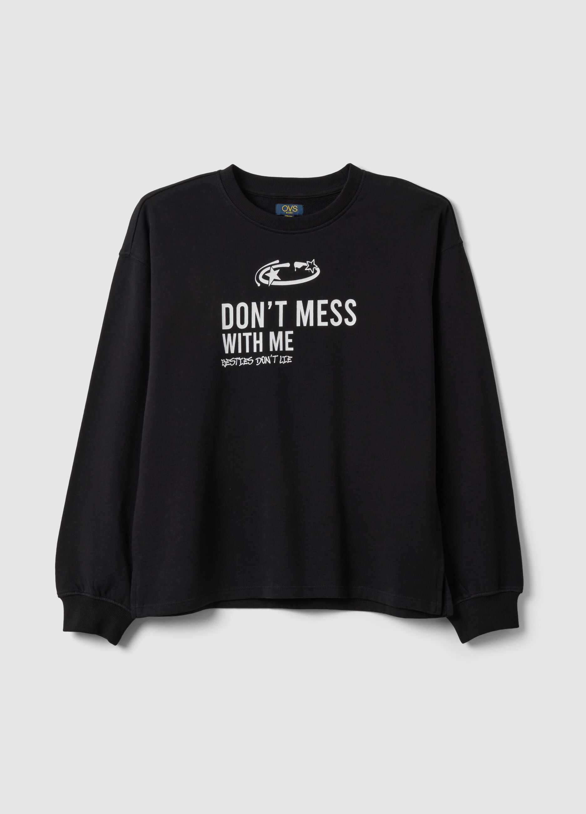 Black pure cotton sweatshirt with front slogan, relaxed fit, for girls