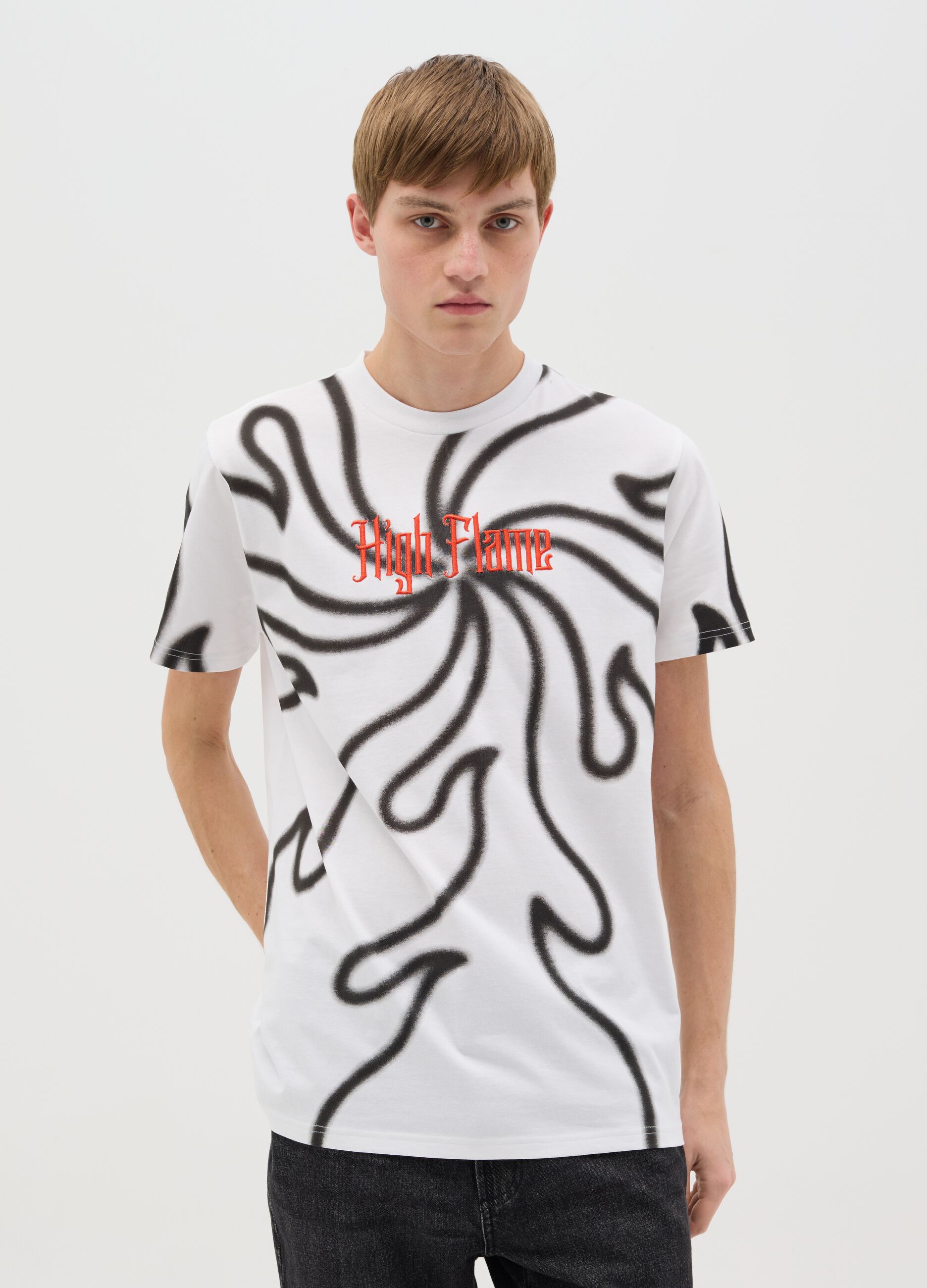 White and black T-shirt with flames print