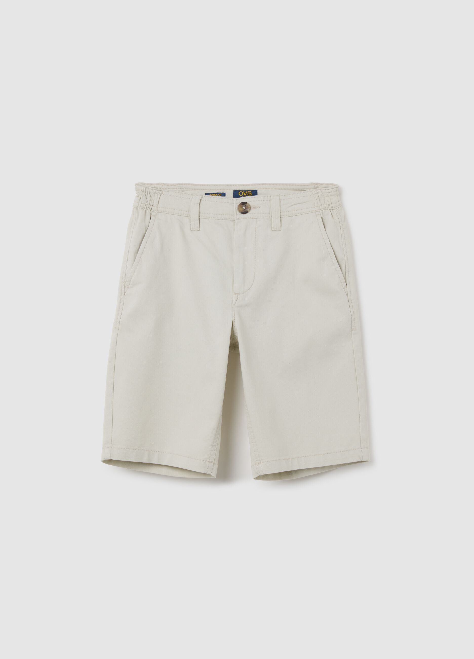Beige regular fit stretch cotton boy's shorts with pockets