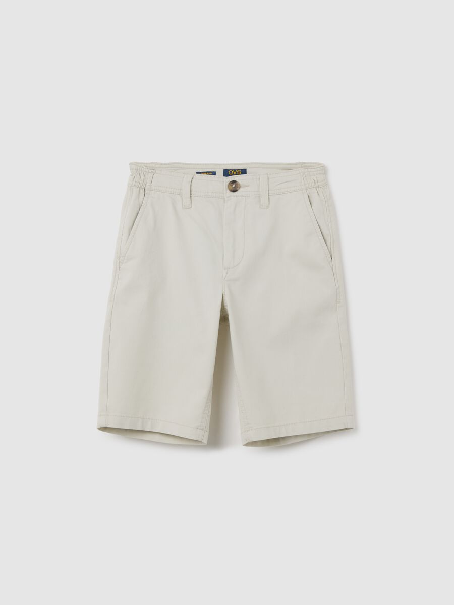 Beige regular fit stretch cotton boy's shorts with pockets_0