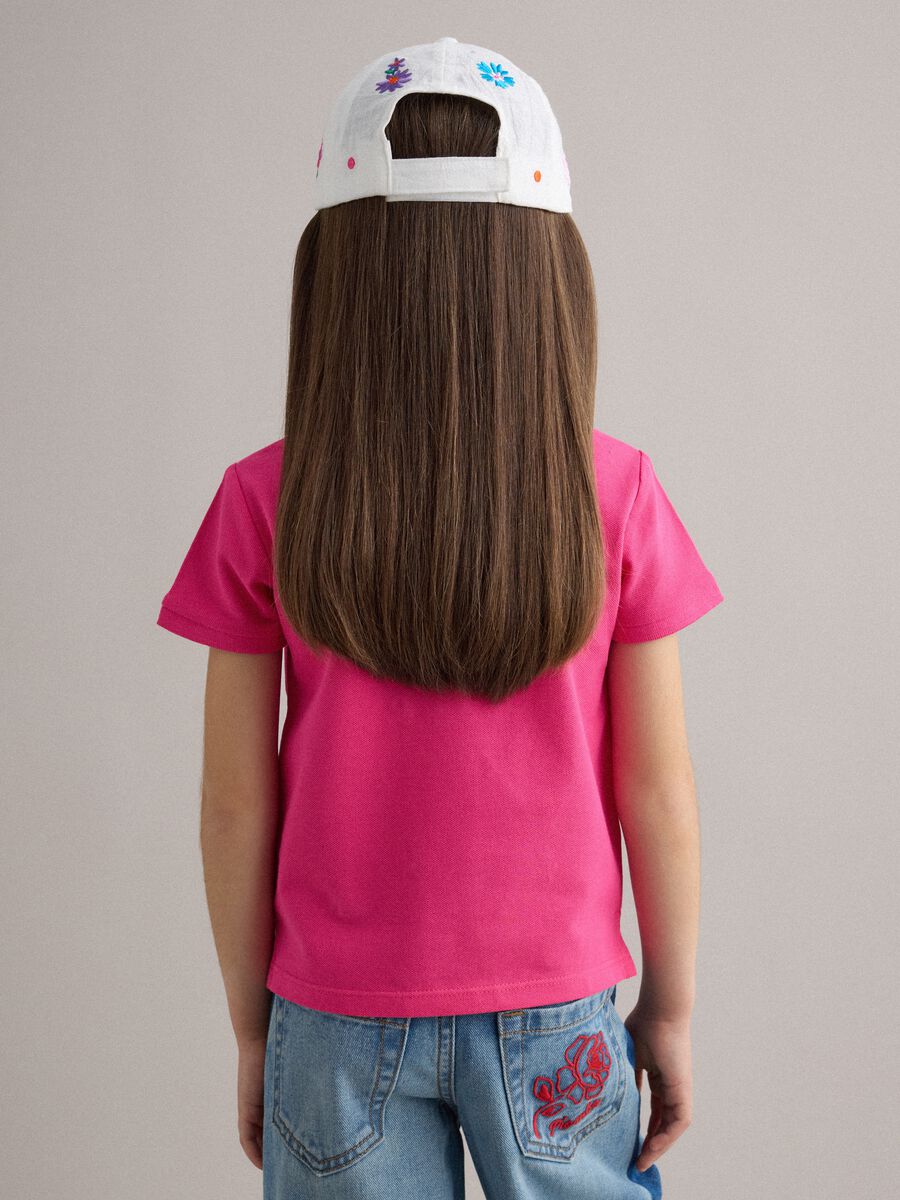 Girls' regular fit pure cotton pink polo with embroidered flowers_1