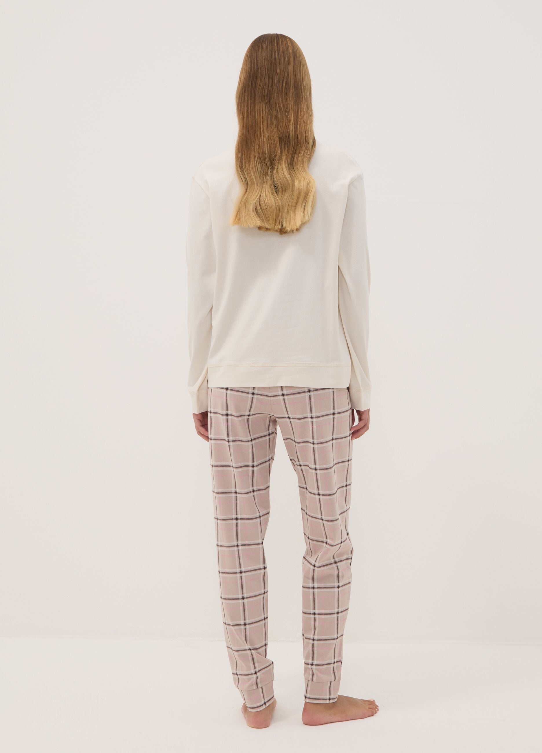 Beige pure organic cotton crew-neck pyjamas