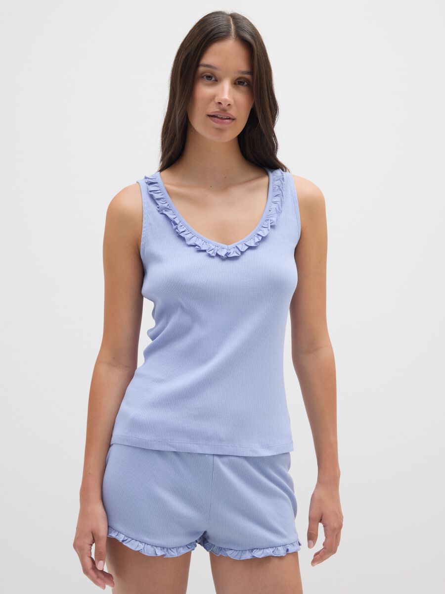 Top pigiama in puro cotone azzurro con rouches_1