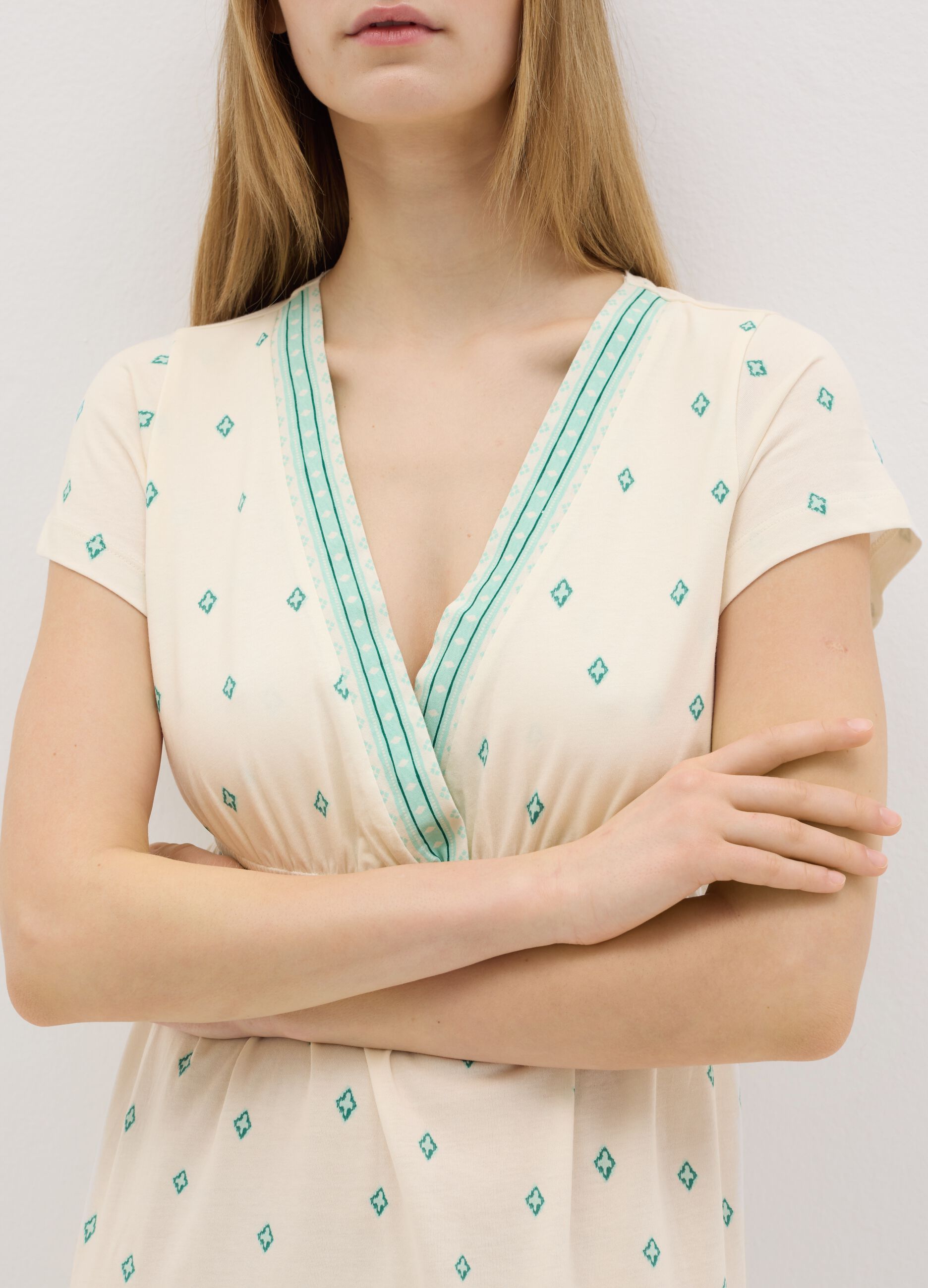 White cotton nightgown with ethnic print