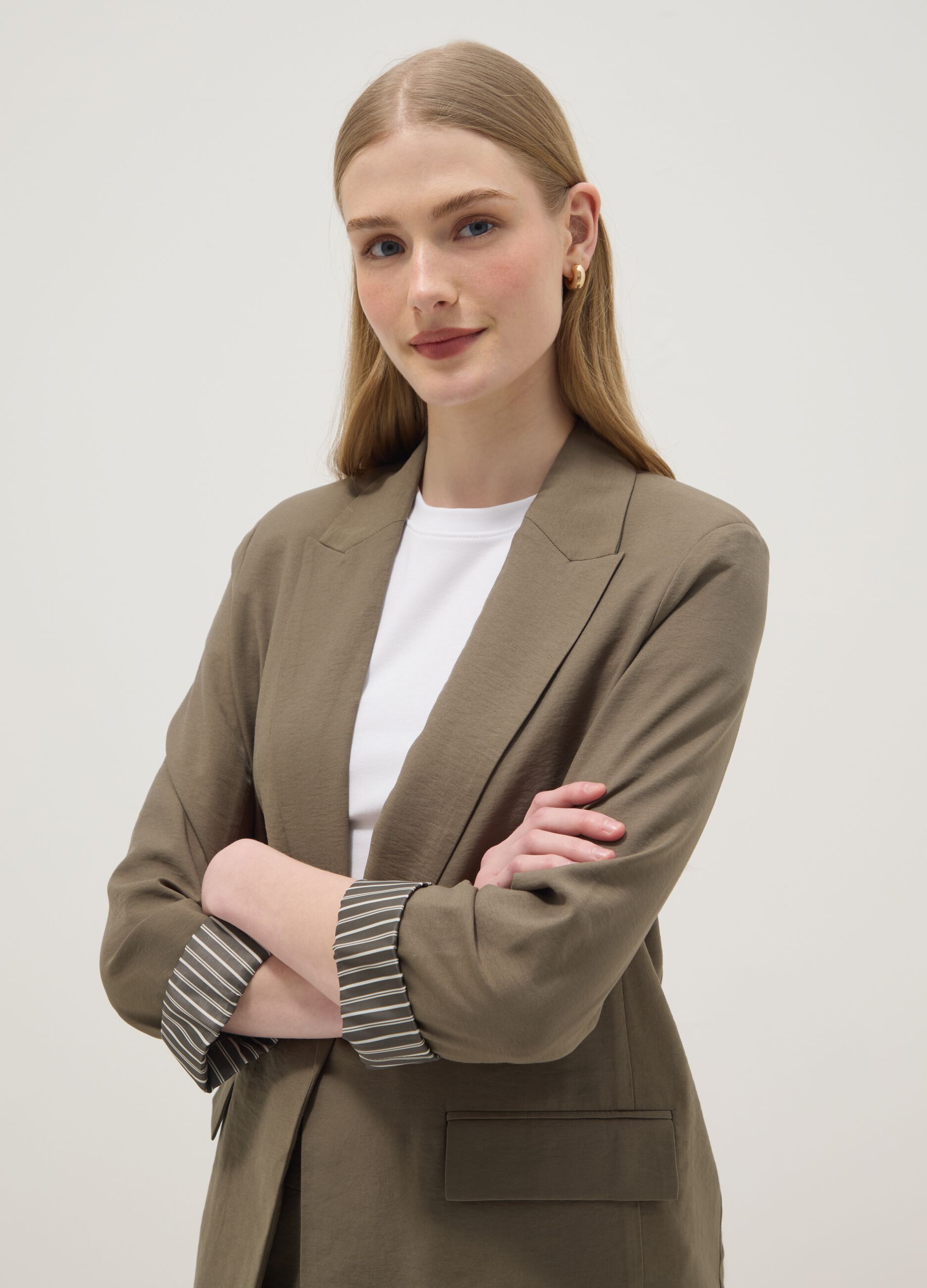 Green regular fit viscose blend blazer with striped cuffs