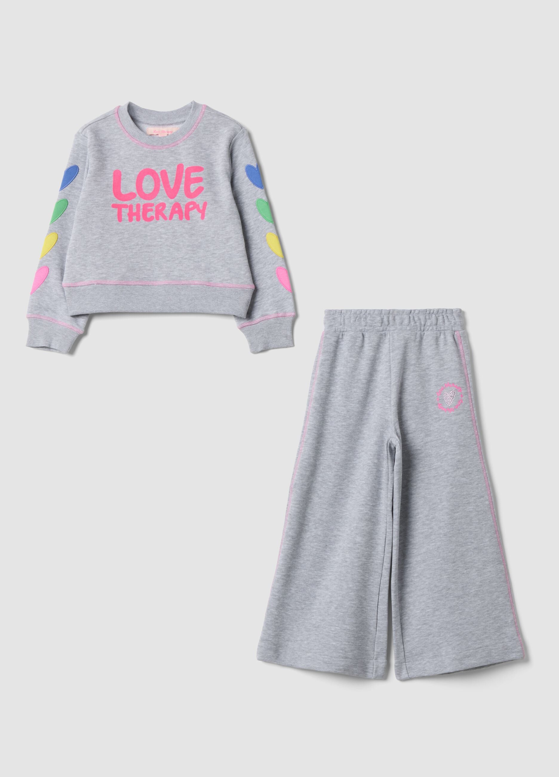 Grey marl cotton-blend tracksuit with crew neck print, regular fit