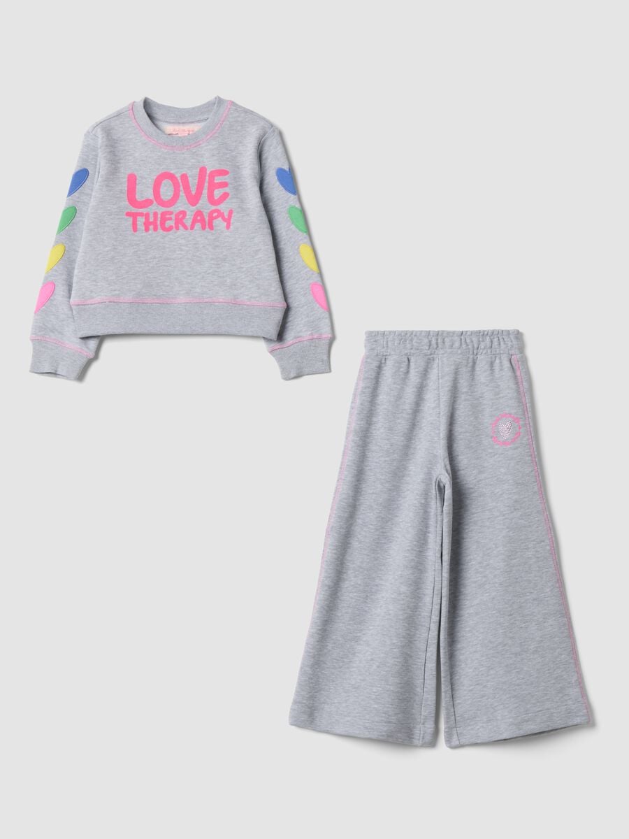 Grey marl cotton-blend tracksuit with crew neck print, regular fit_0