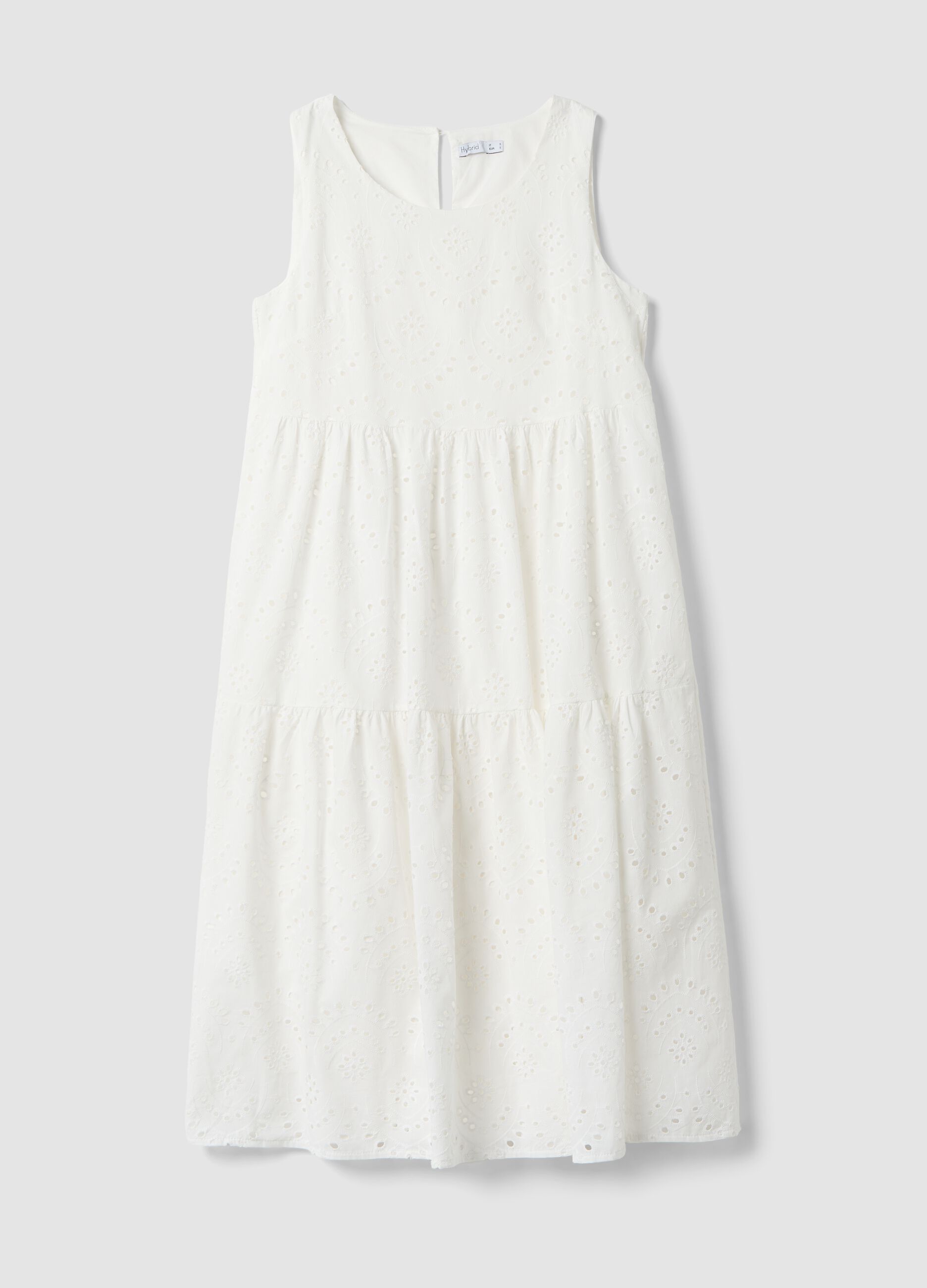 White sleeveless pure cotton broderie dress, regular fit