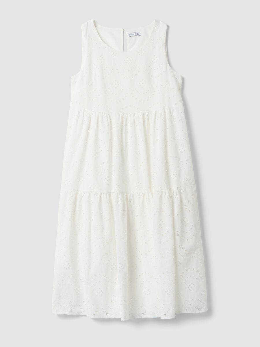 White sleeveless pure cotton broderie dress, regular fit_4