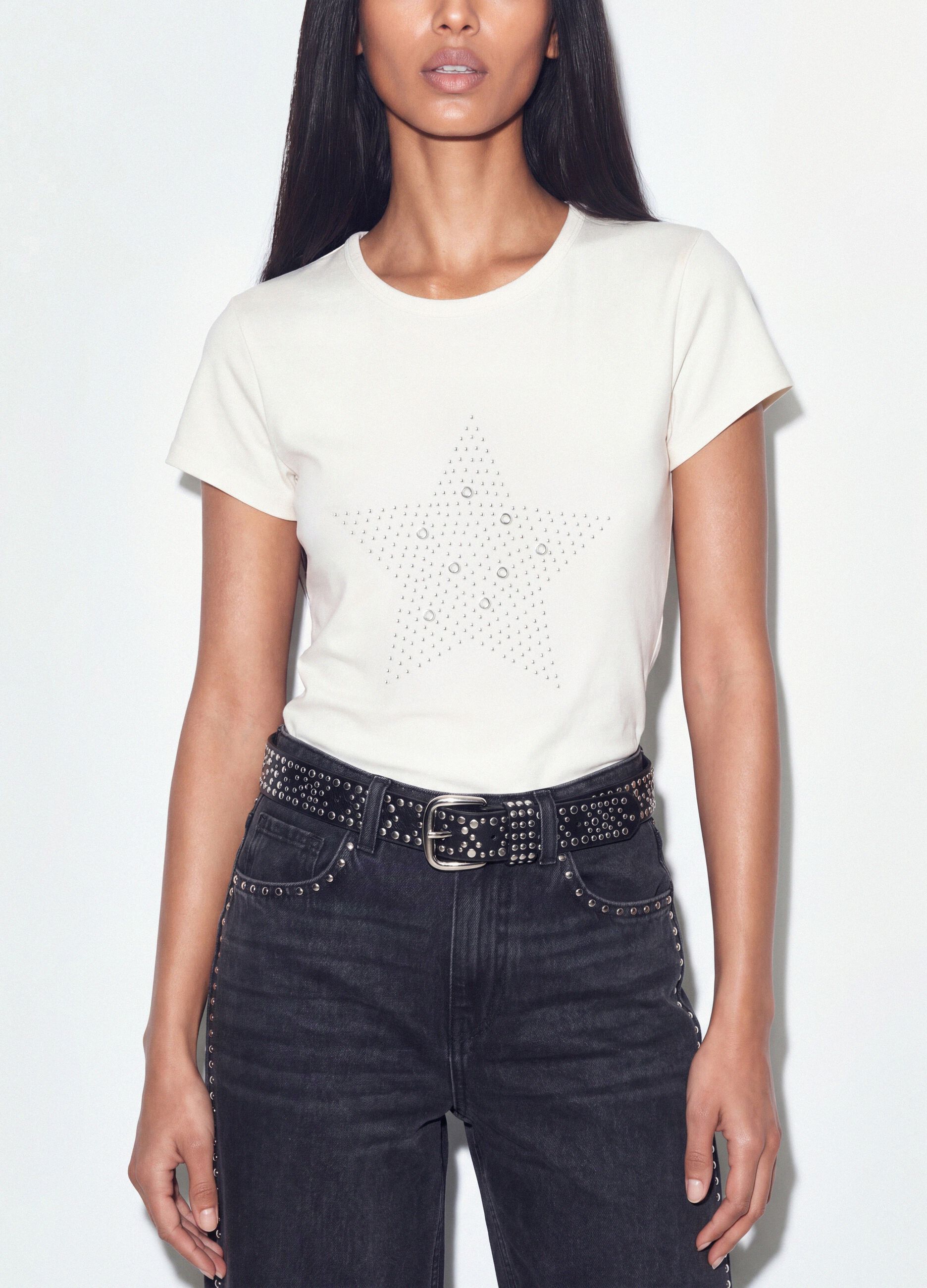 White fitted stretch-cotton T-shirt with rhinestone embellishment
