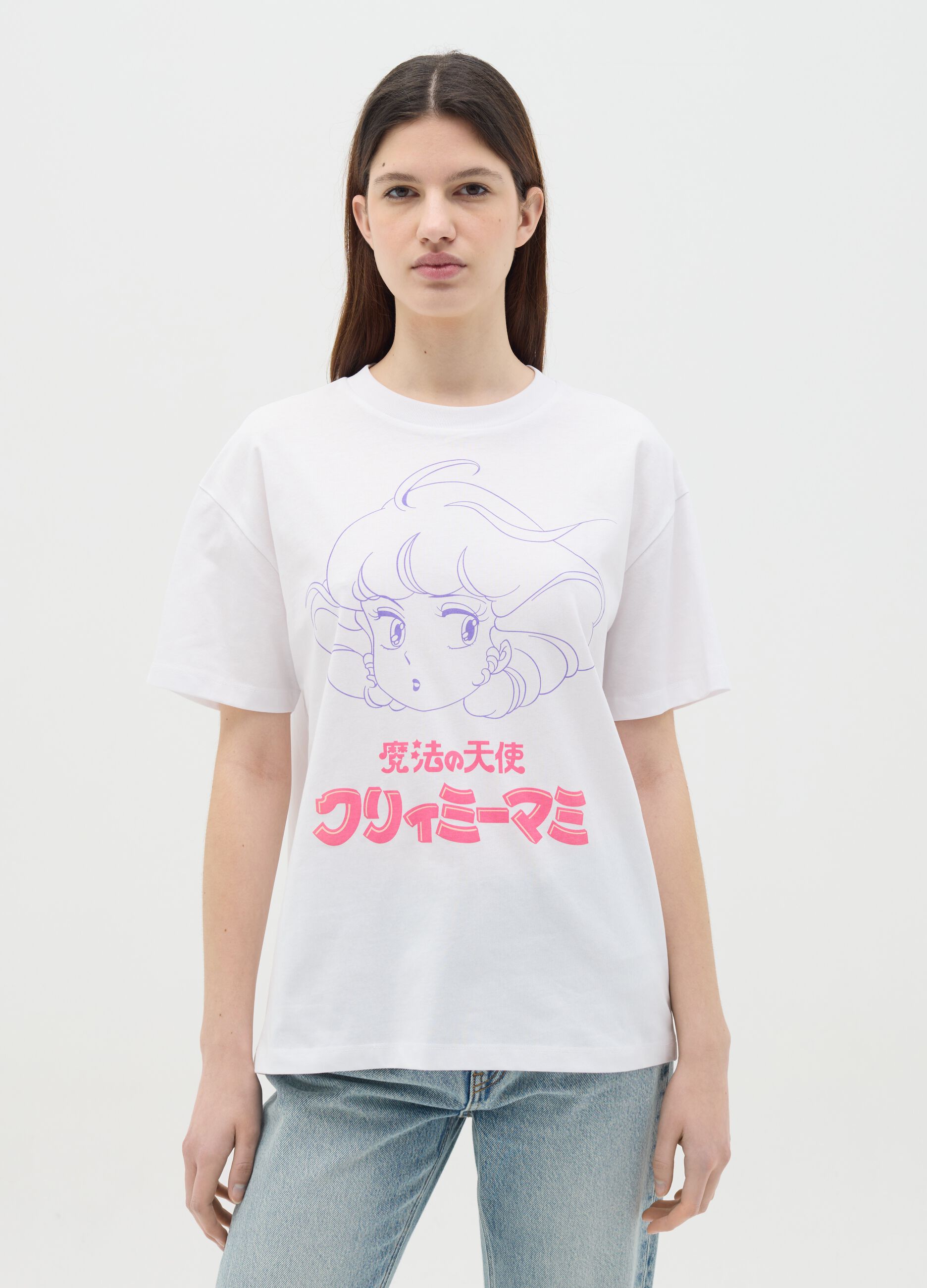 White T-shirt in cotton with Creamy Mami print