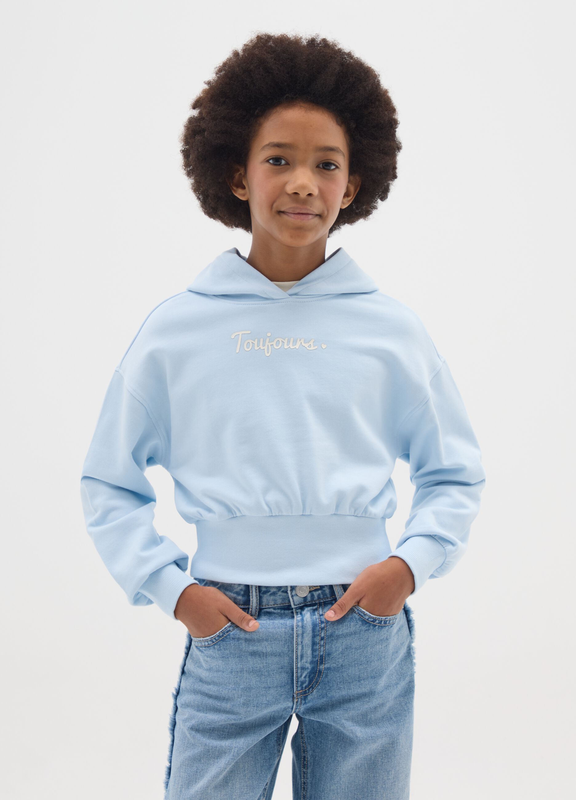 Blue cropped sweatshirt for girls in pure cotton regular fit
