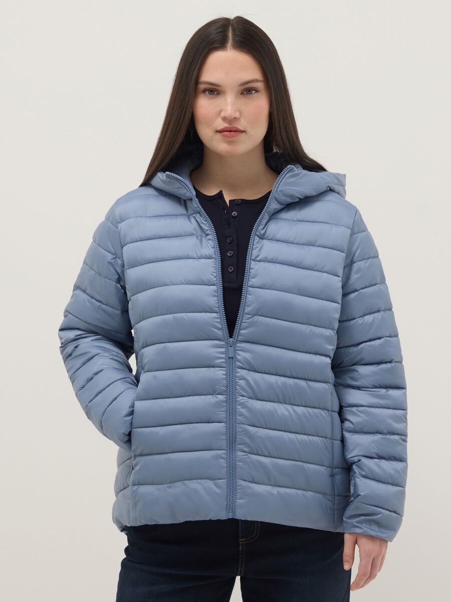 Blue padded regular fit jacket with zip and hood_0