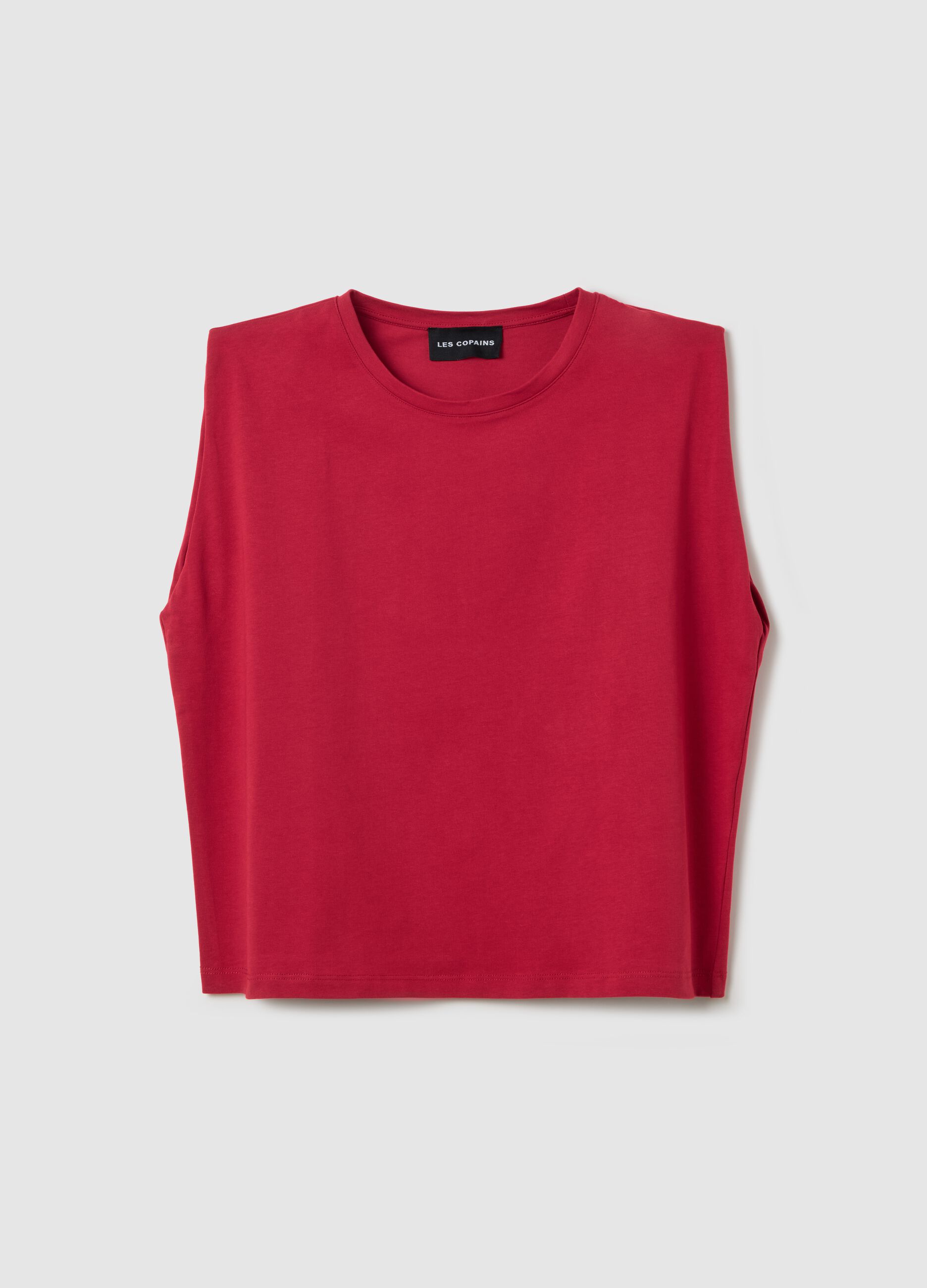 Red sleeveless boxy-fit T-shirt with spaghetti straps