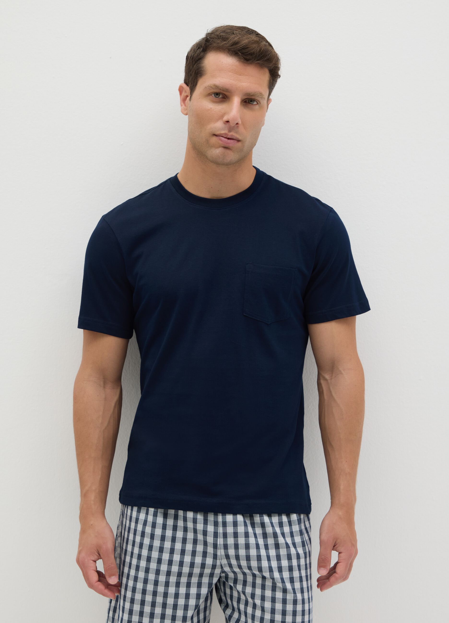 Men's blue pure cotton pyjama set, regular fit with checks