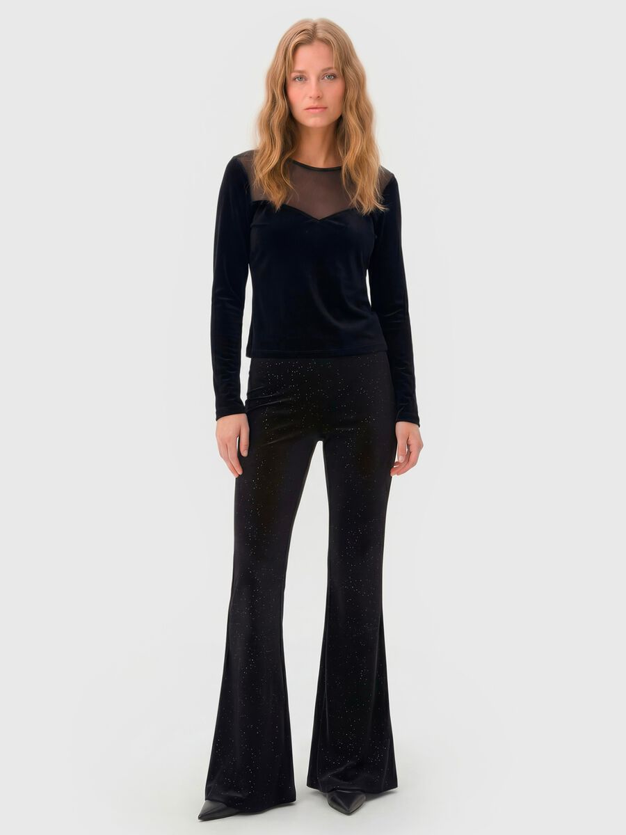 Black stretch fabric flare trousers with glitter_0