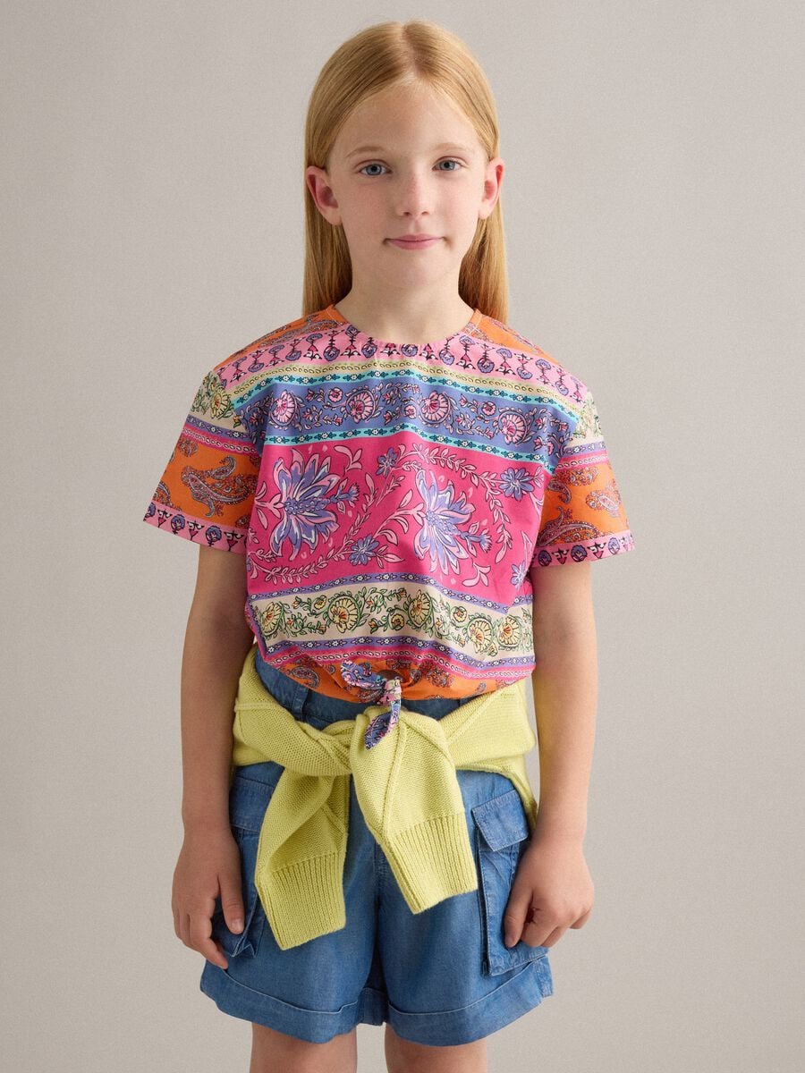 Camicia multicolor in puro cotone da bambina con nodo frontale_0