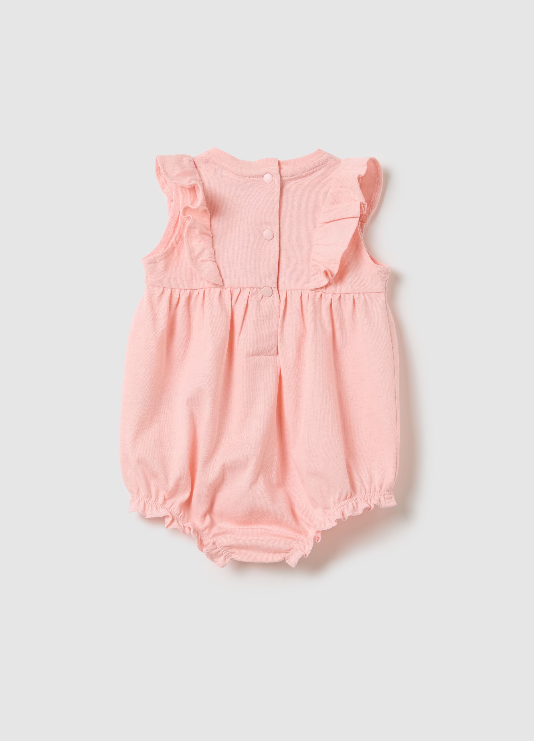 Pink cotton romper with ruffles
