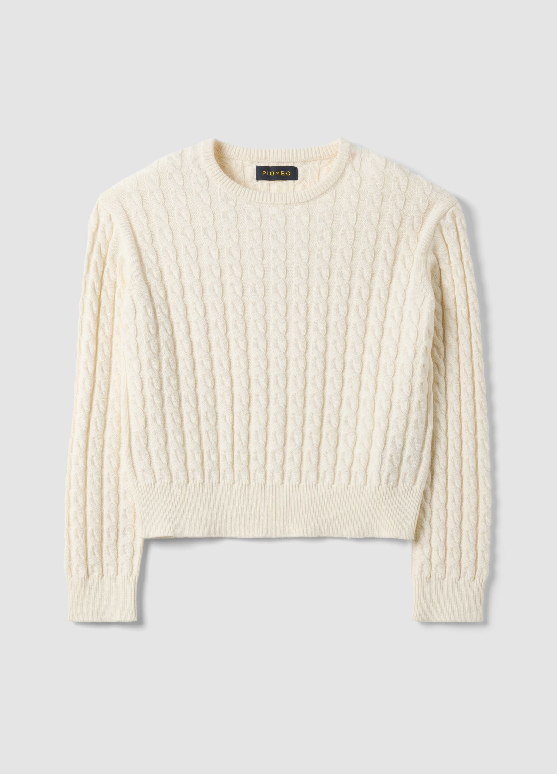 White crew-neck pure cotton cable-knit jumper, regular fit