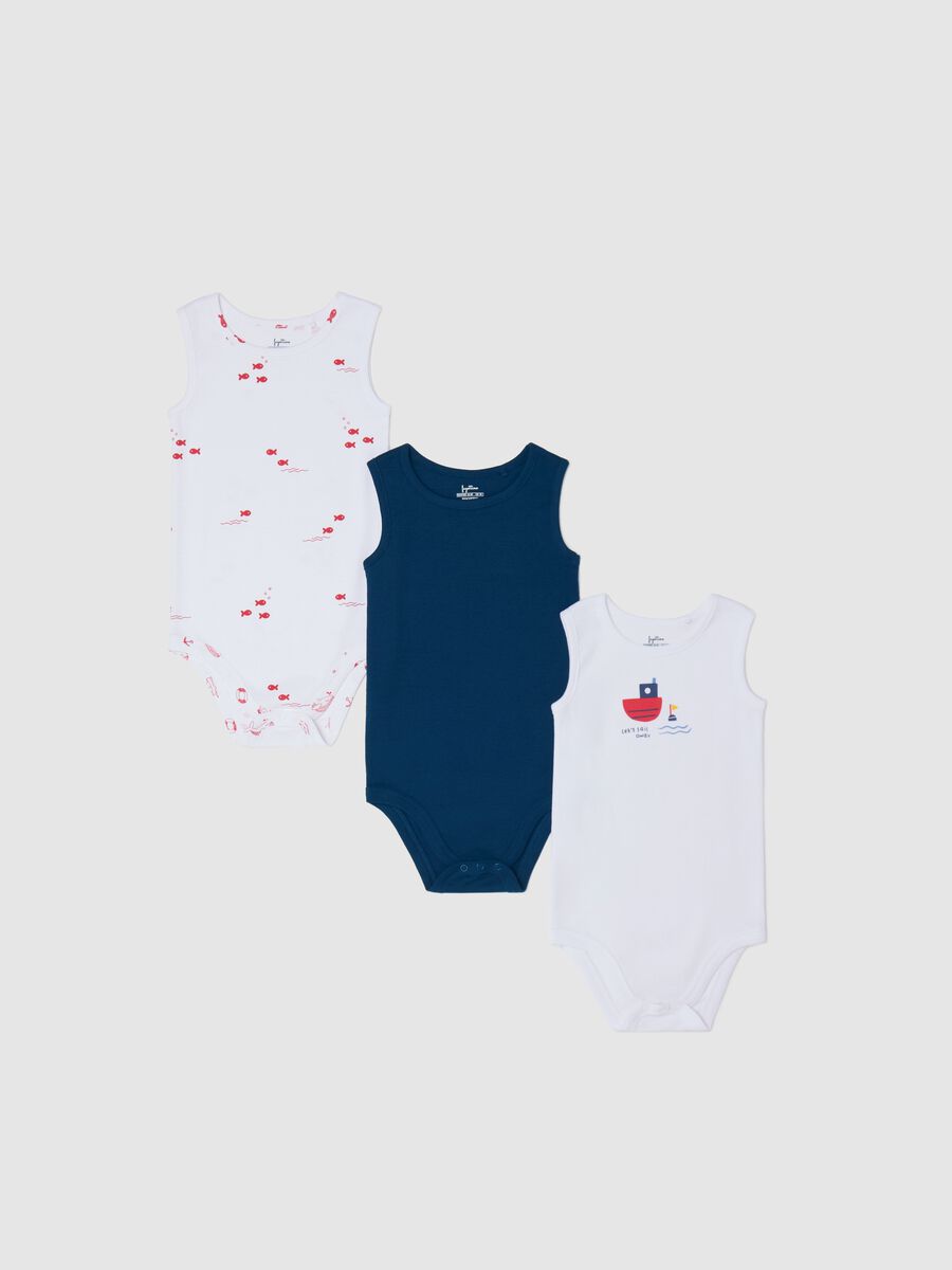 Tripack body blu e bianco in cotone bio con stampa_0