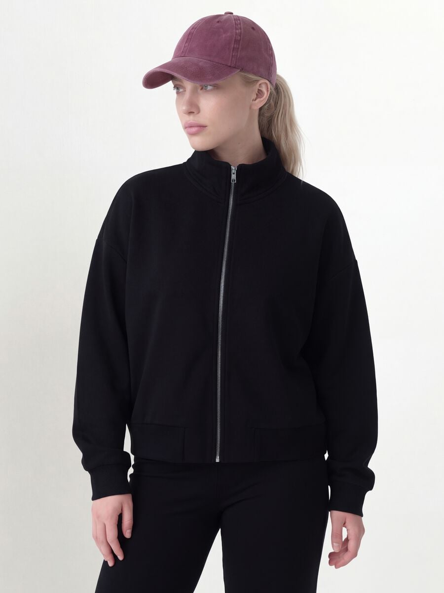 Felpa full zip nera in viscosa elasticizzata con colletto_0
