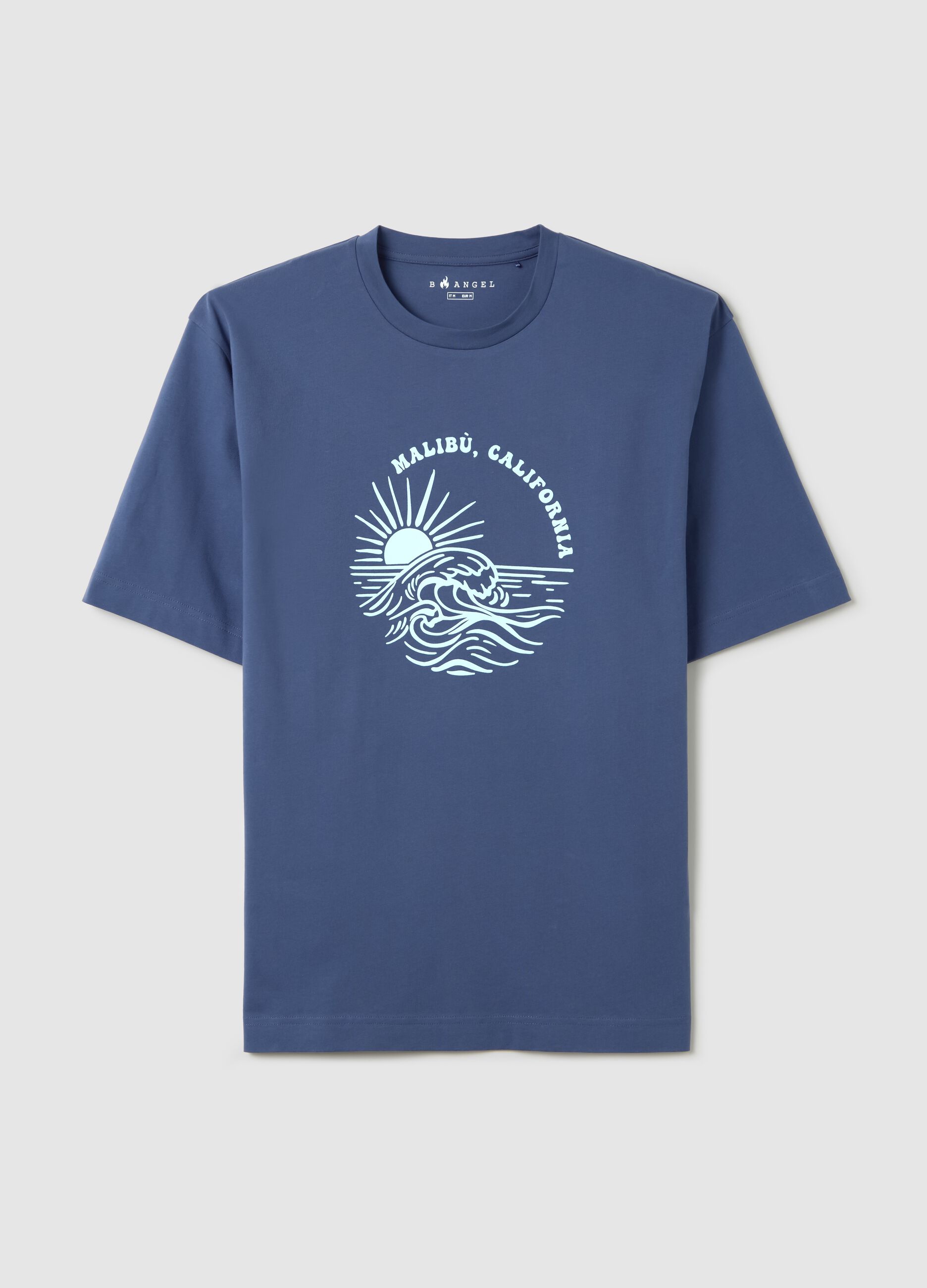 Men's blue cotton T-shirt with Malibu print