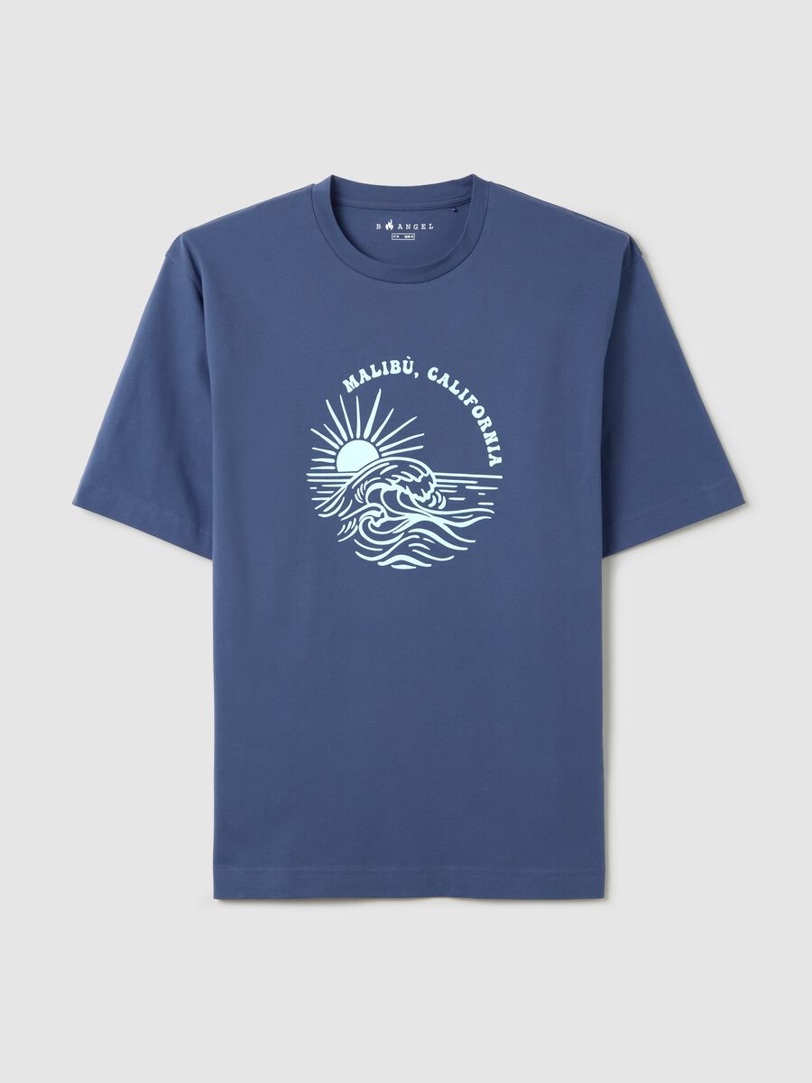 Men's blue cotton T-shirt with Malibu print_4