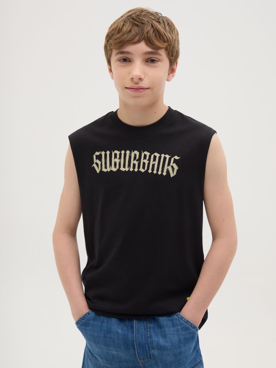 Canotta da ragazzo in puro cotone nero regular fit con grafica_0