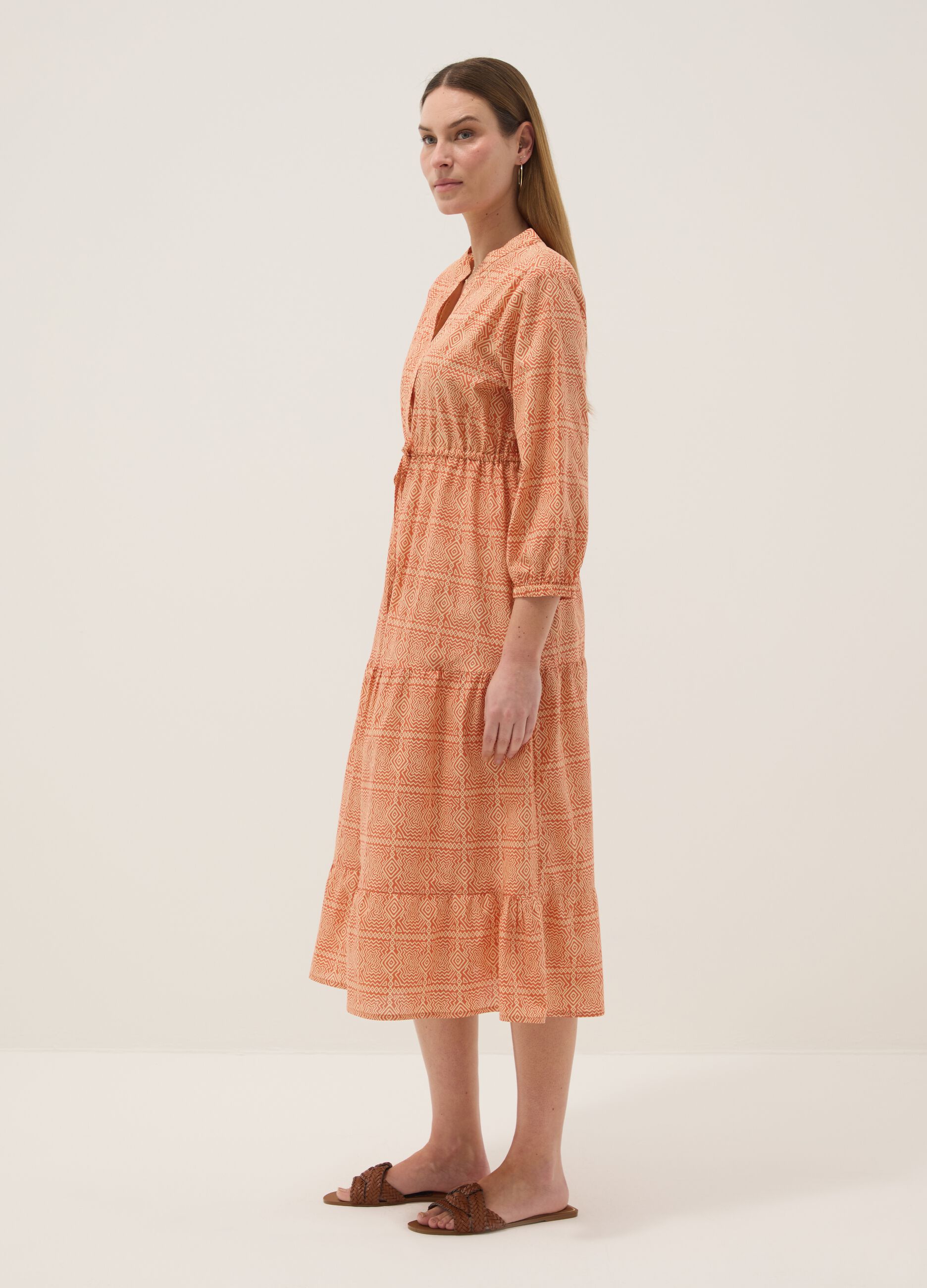 Orange maternity dress in pure cotton with geometric print