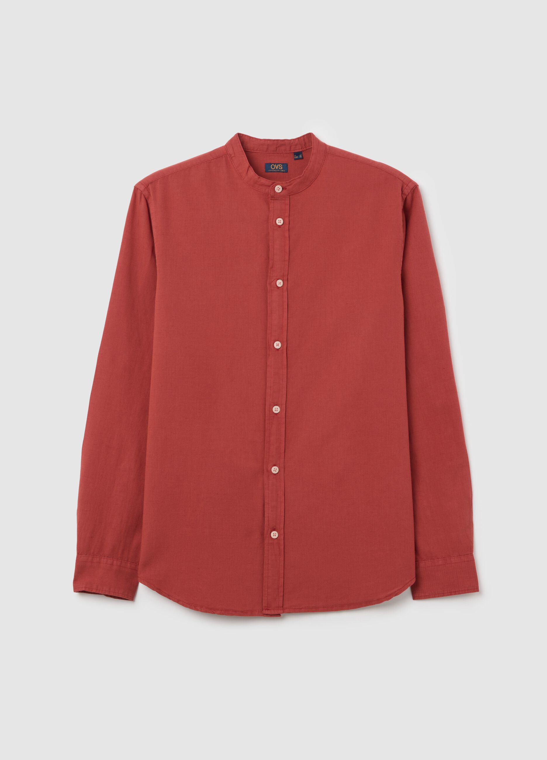 Camicia da uomo in cotone e lino rossa regular fit con colletto coreano