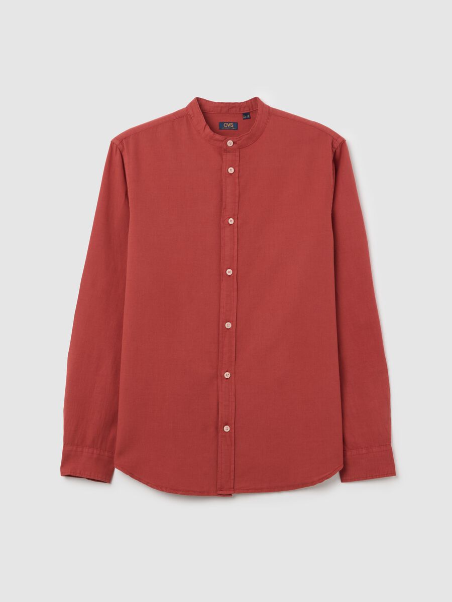 Red Cotton and Linen Korean Collar Shirt_4