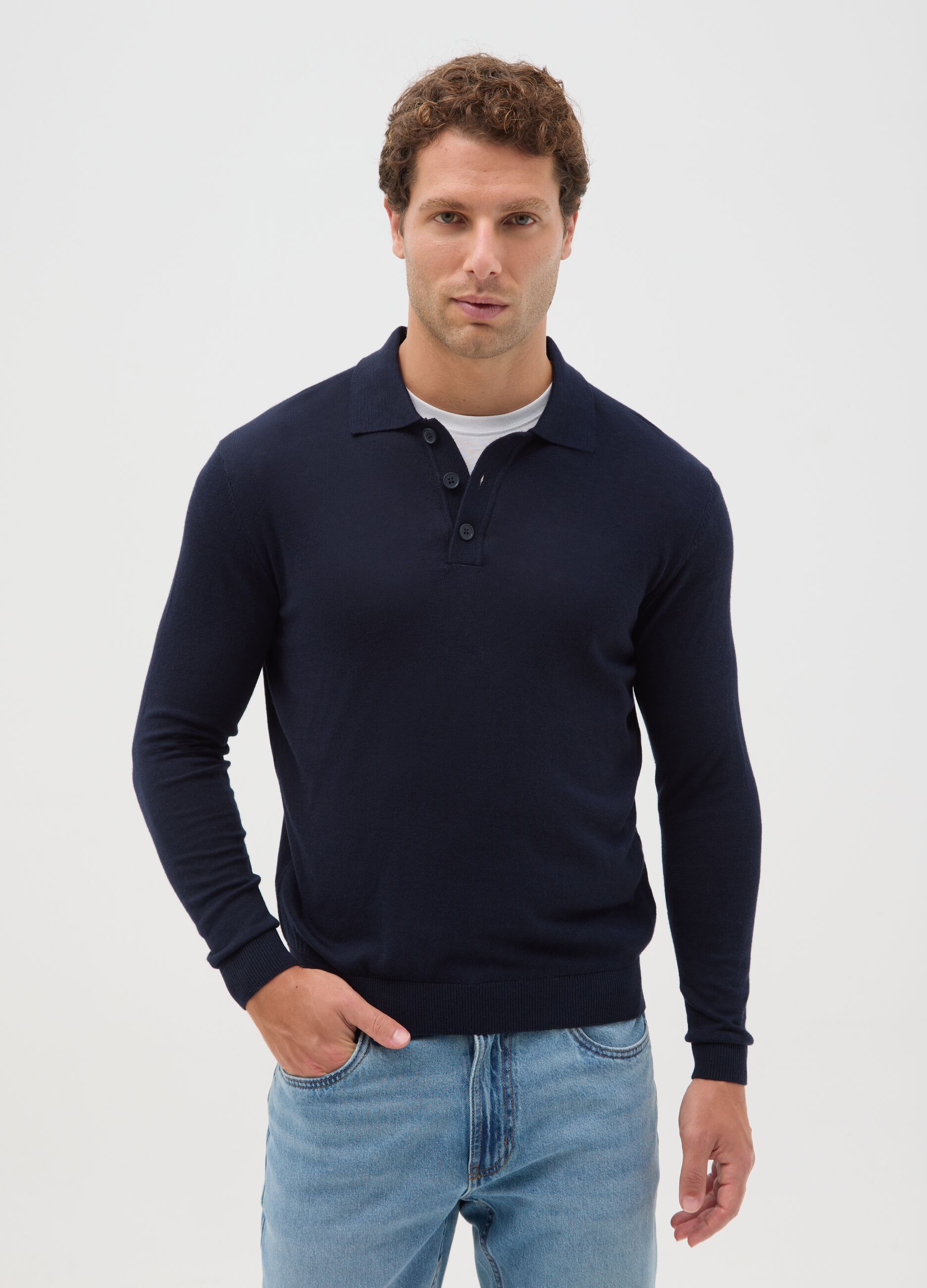 Blue long-sleeve polo in cotton and silk blend regular fit
