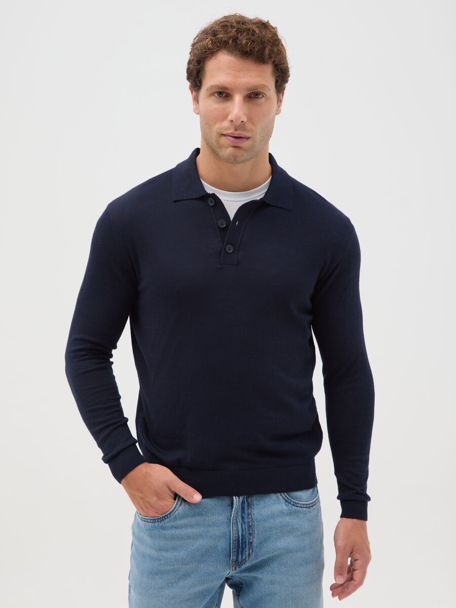 Blue long-sleeve polo in cotton and silk blend regular fit_0