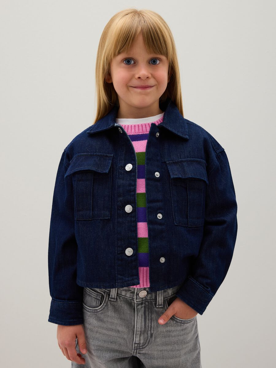 Camicia da bambina in puro cotone blu oversize_0