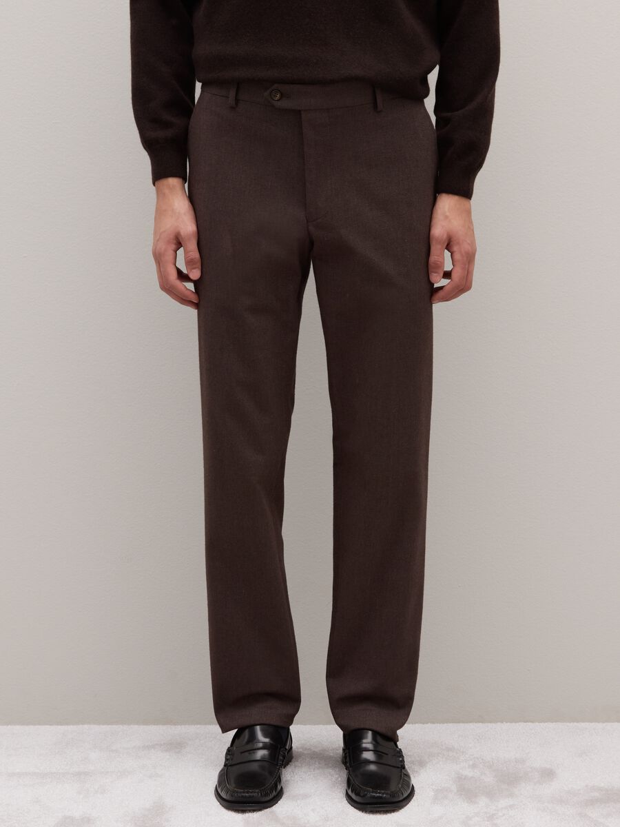Brown Stretch Cotton Slim Fit Trousers_1
