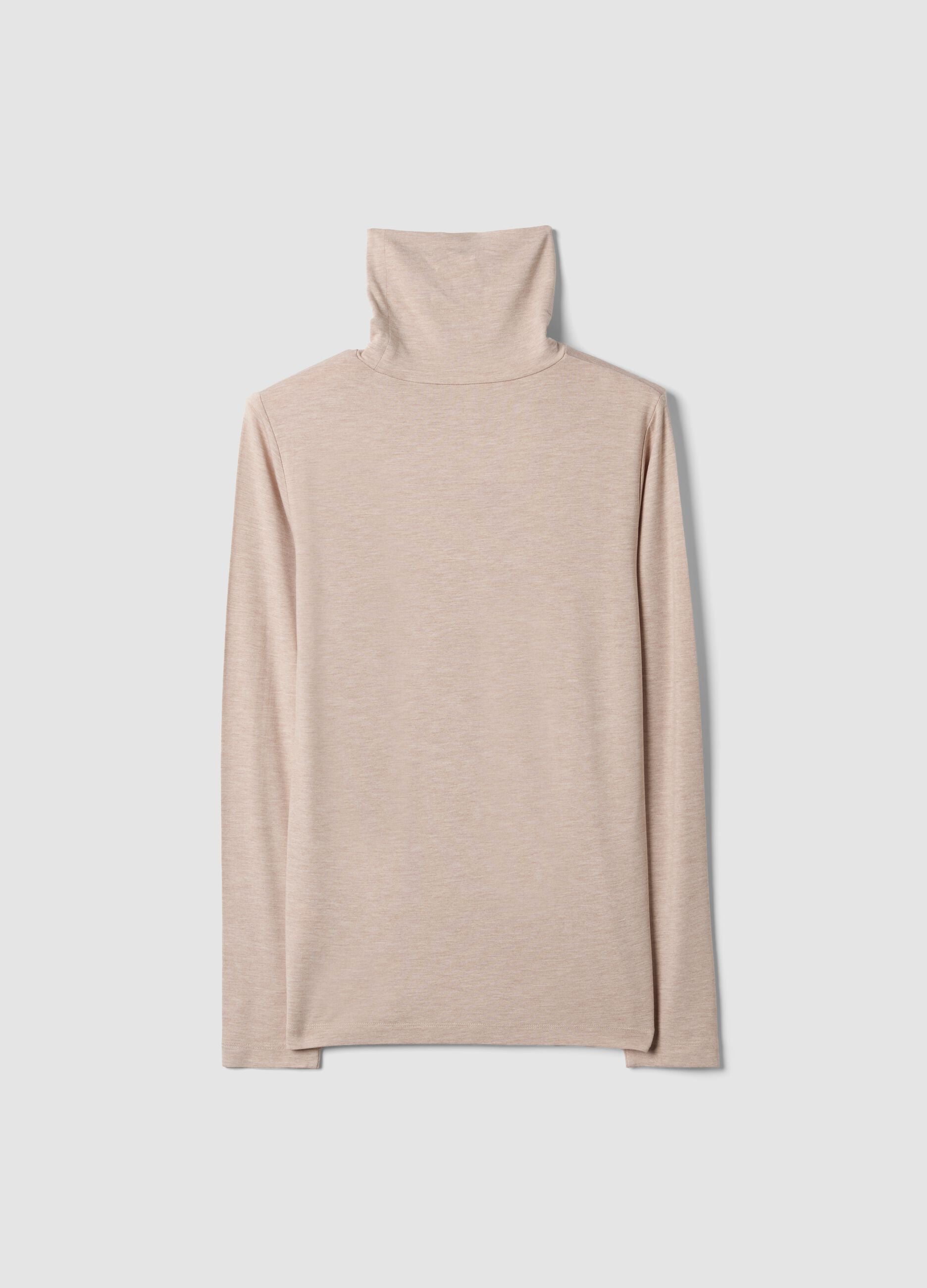 Beige stretch viscose top with mock neck, regular fit