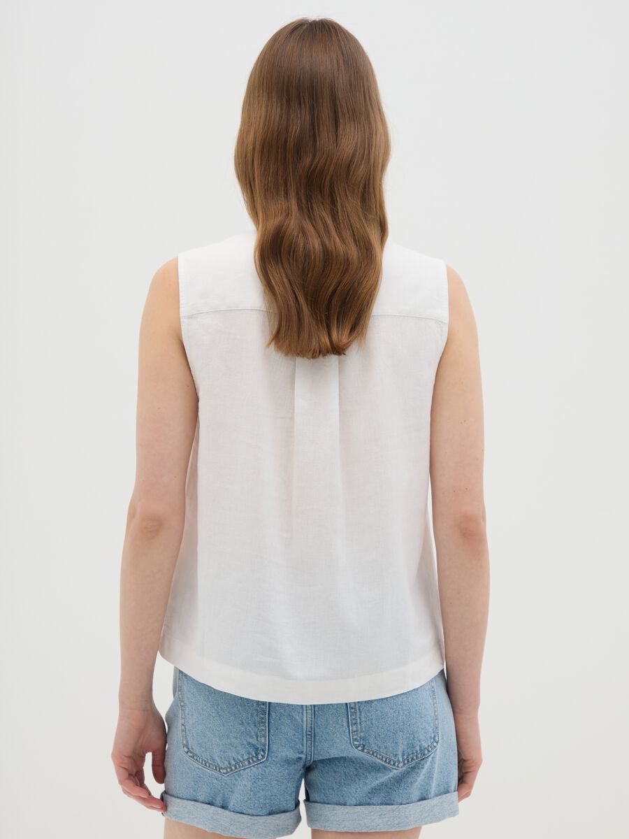 Women's Sleeveless White Linen Blend Shirt Regular Fit_3