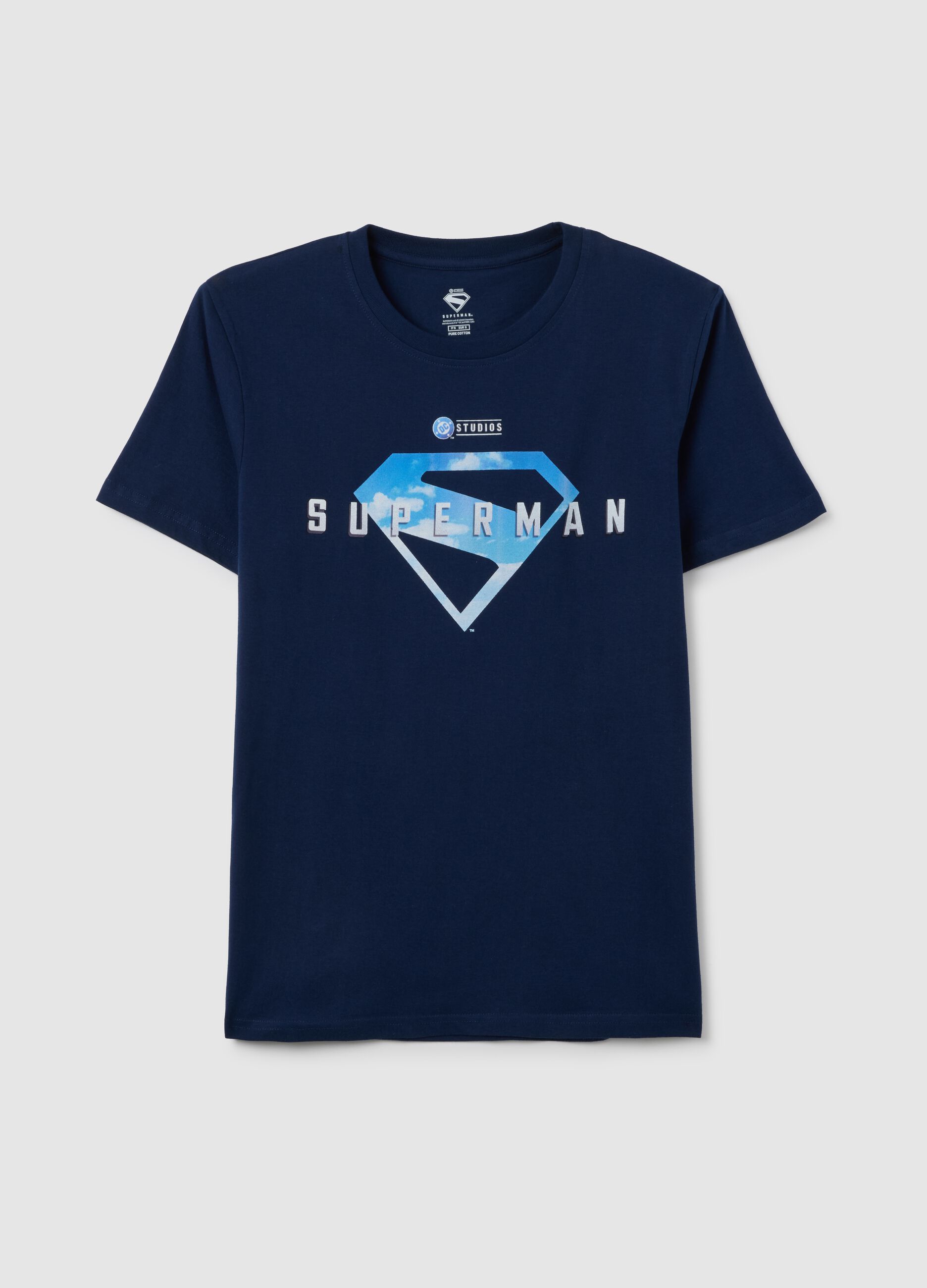 T-shirt da uomo in puro cotone blu con logo Superman
