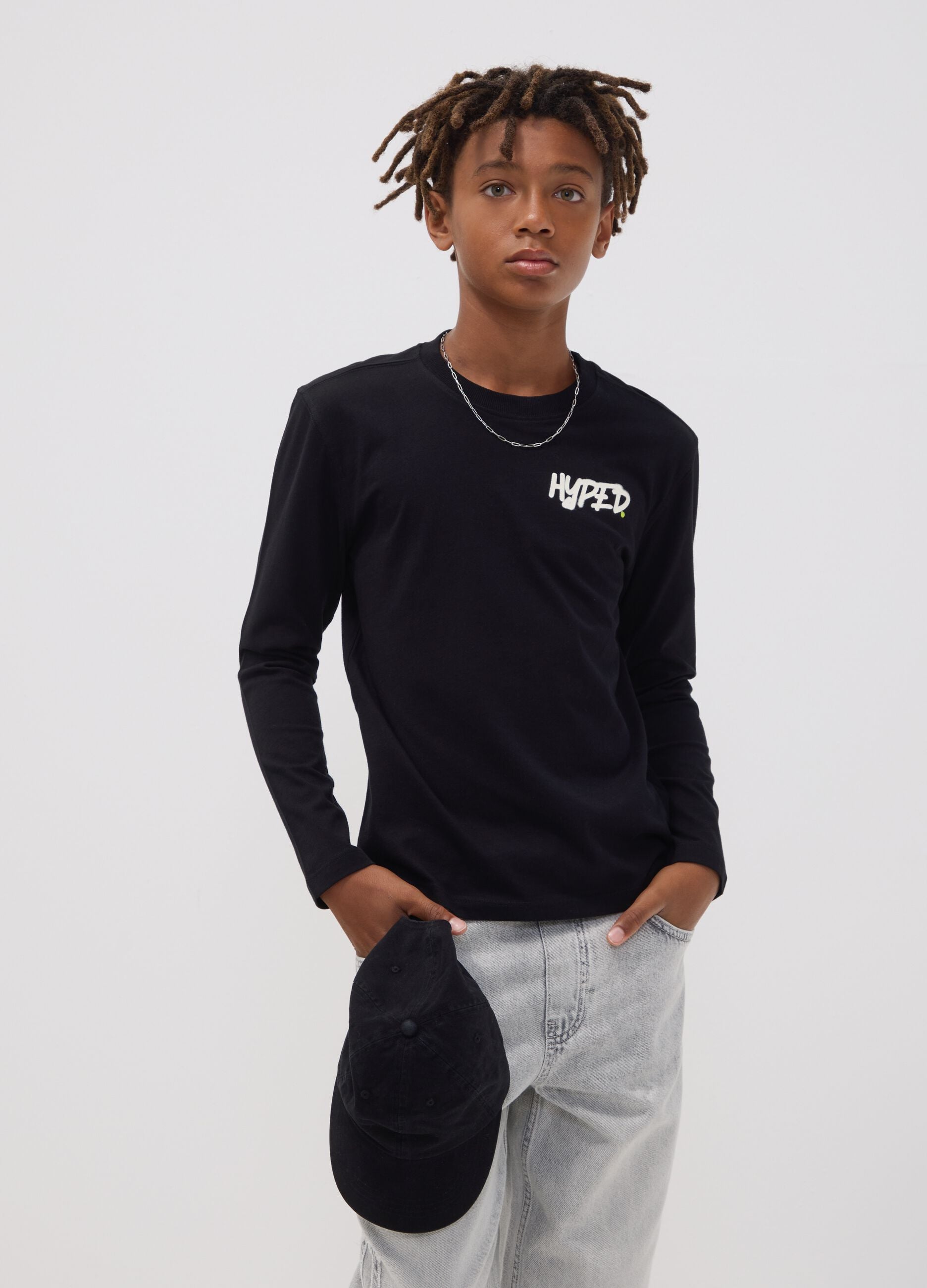 Black organic cotton T-shirt with &ldquo;Hyped&rdquo; print for boys